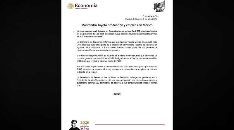 TOYOTA PRIORIZA TEXAS Y RECORTA SU PRODUCCIÓN EN BC