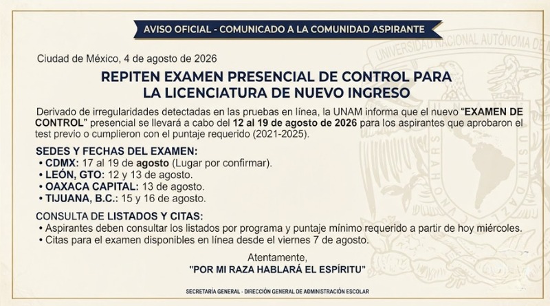 EXAMEN SE REPITE PRÓXIMA SEMANA EN LA CDMX Y 3 CIUDADES