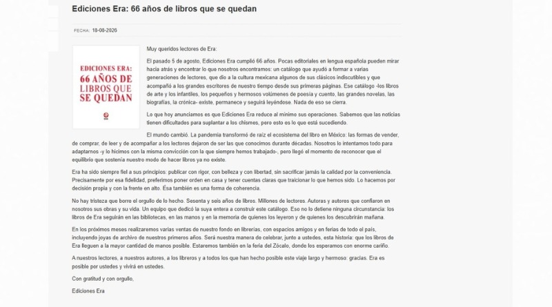 NIEGA CIERRE Y REDUCE OPERACIONES EN ERA